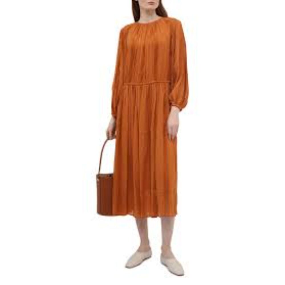 Zimmermann Rust Plissé Lace Panel Midi Dress Blouson Sleeve. Zimmermann Sz 1 (M)